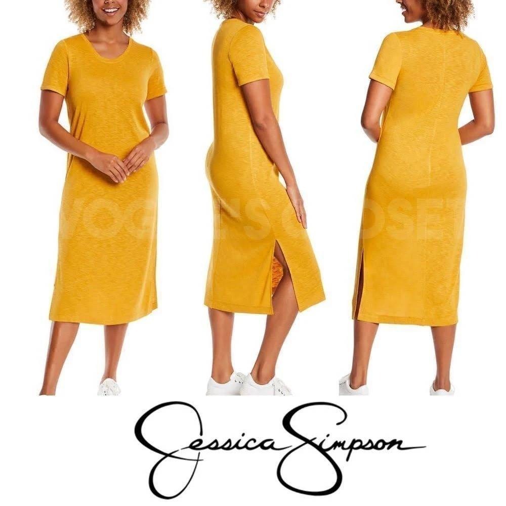 Jessica Simpson Womens Mustard‎ Yellow Slub Knit Short Sleeve Midi T-Shirt Dress